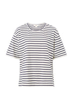 Load image into Gallery viewer, SLOUCHY SPLIT HEM TEE IN VANILLA / NAVY STRIPE