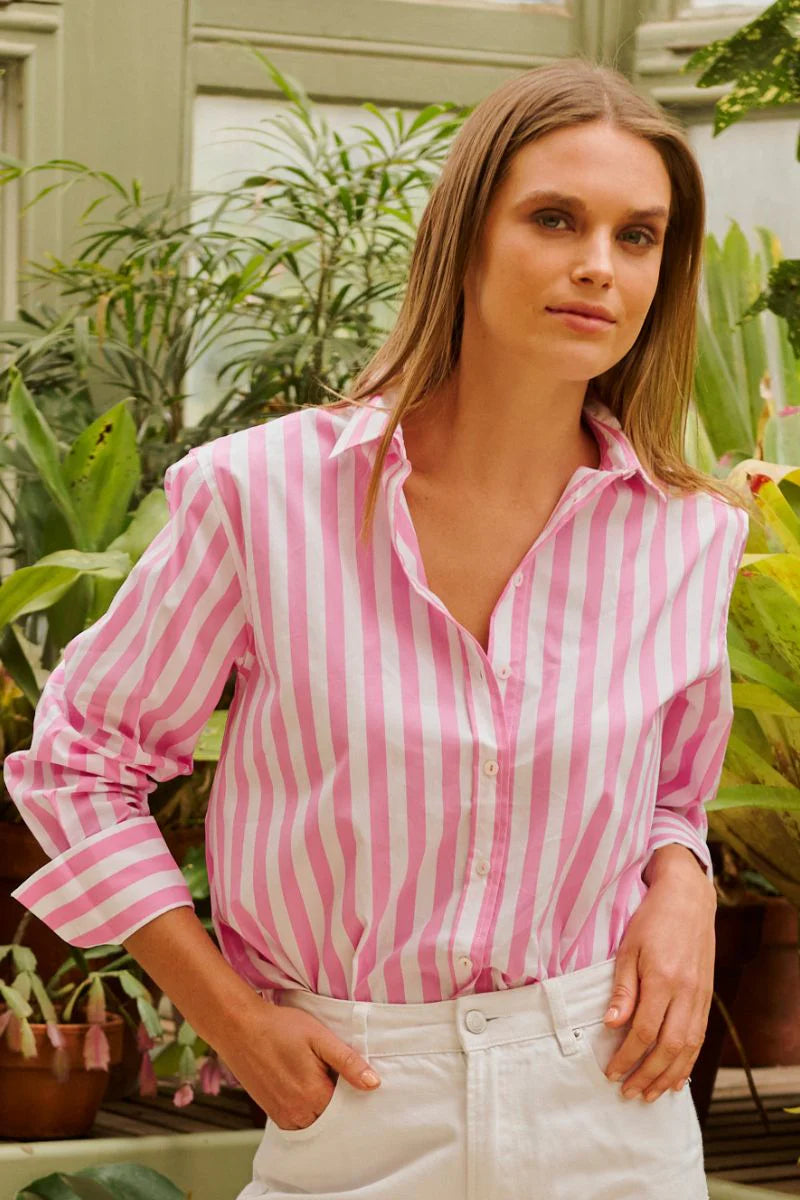 The Elodie Girlfriend Shirt - Pink Wide Stripe