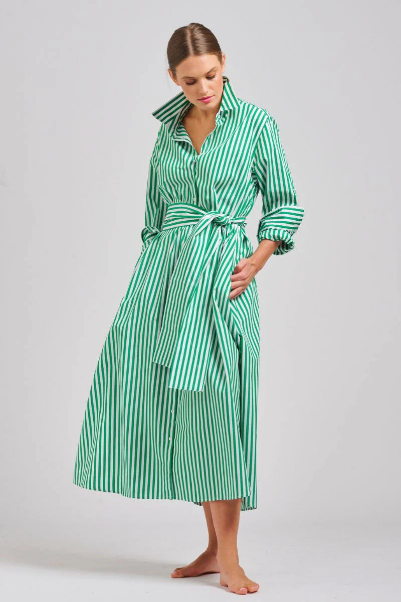 The Luna Oversized Long Shirtdress - Apple Green Stripe