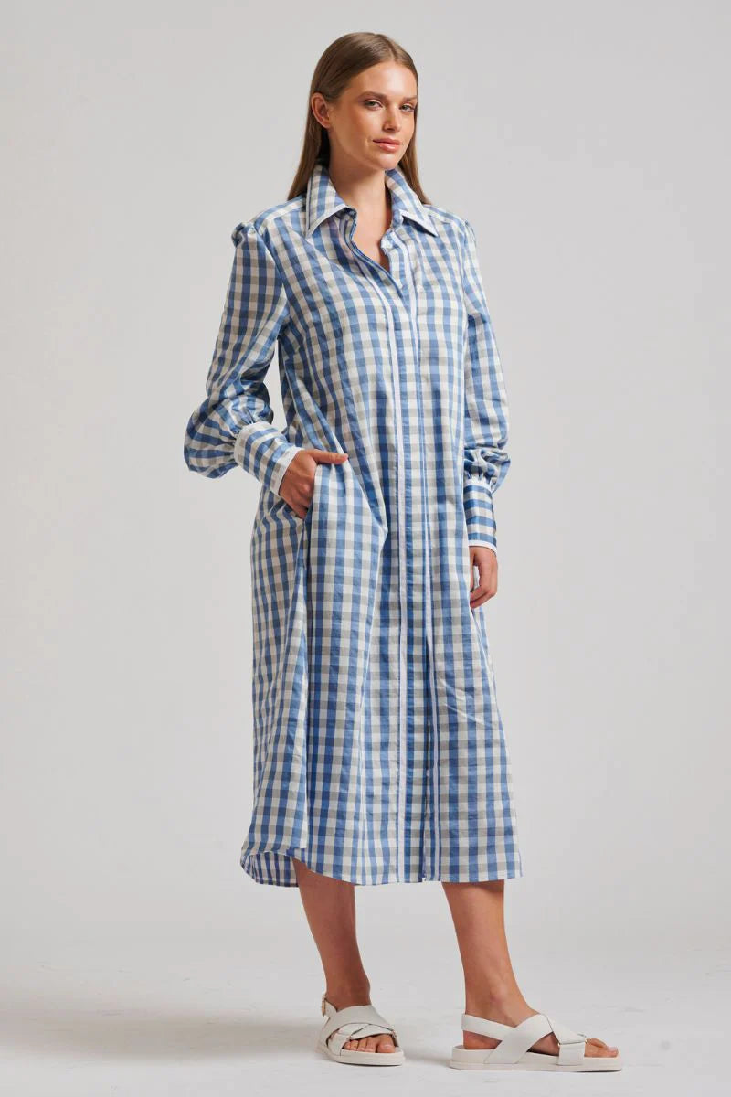 The Octavia Midi Shirtdress - Pale Blue Gingham