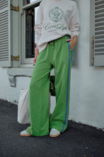 Load image into Gallery viewer, GIGI | Wide Leg Terry Trackpant | Pistachio + Washed Navy Side Stripe
